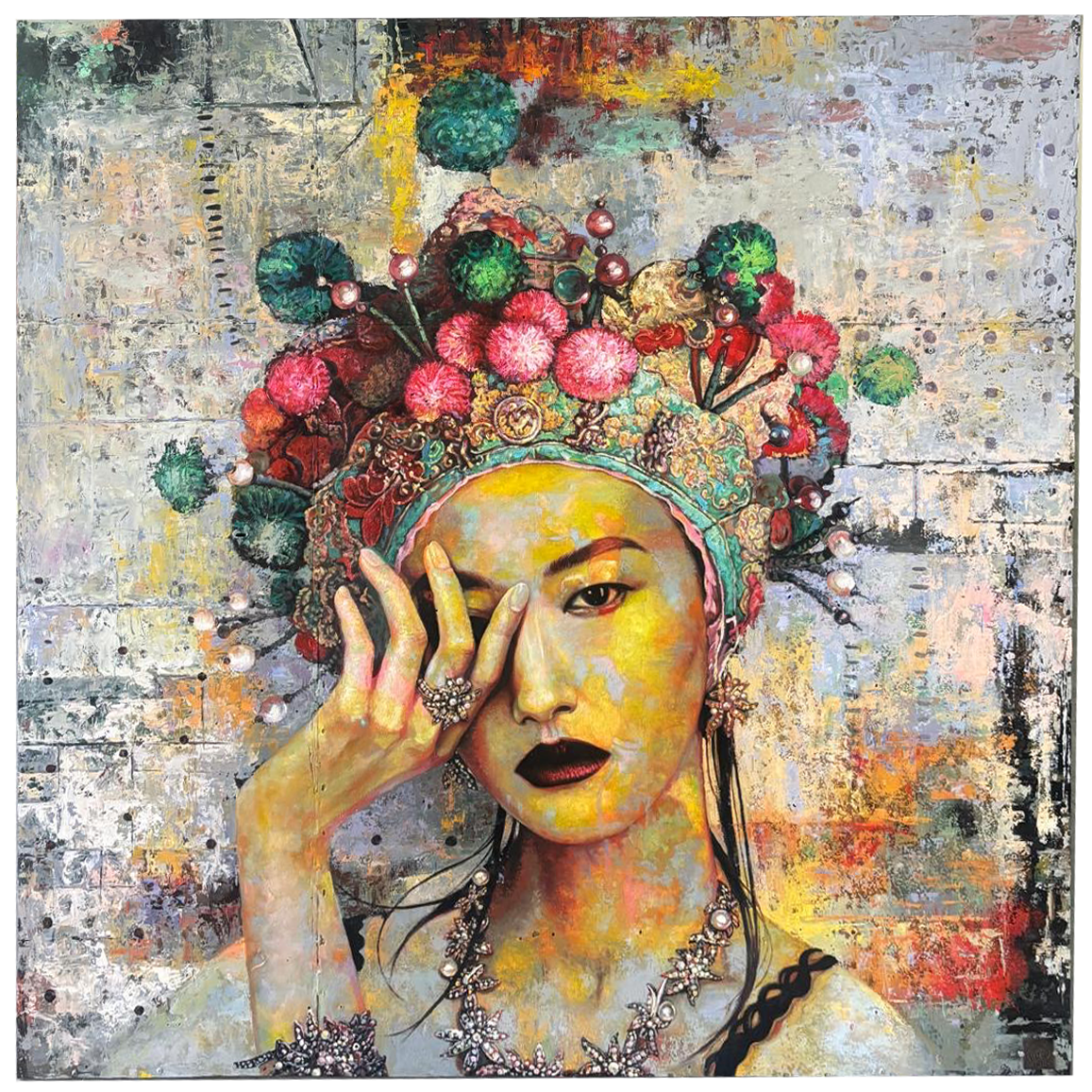 Asian Opera Hat Portrait Oil painting 140x140x4 cm on recycling steel sheet from Vietnamese buildings constructions sites.